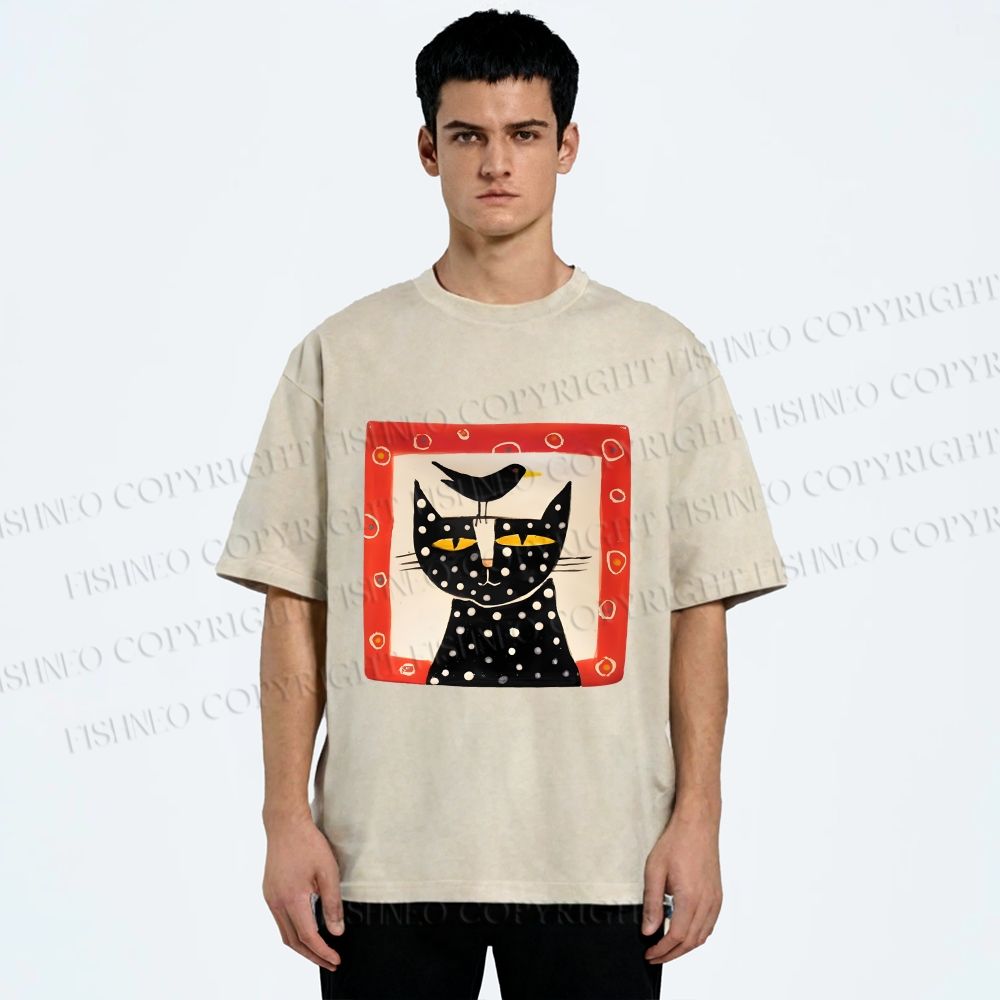 Unisex Black Cat With Black Bird Printed Washed Tee