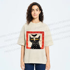 Unisex Black Cat With Black Bird Printed Washed Tee
