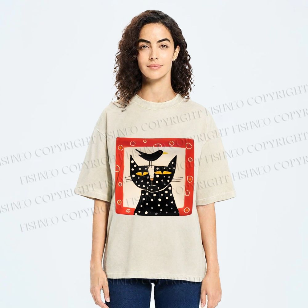 Unisex Black Cat With Black Bird Printed Washed Tee
