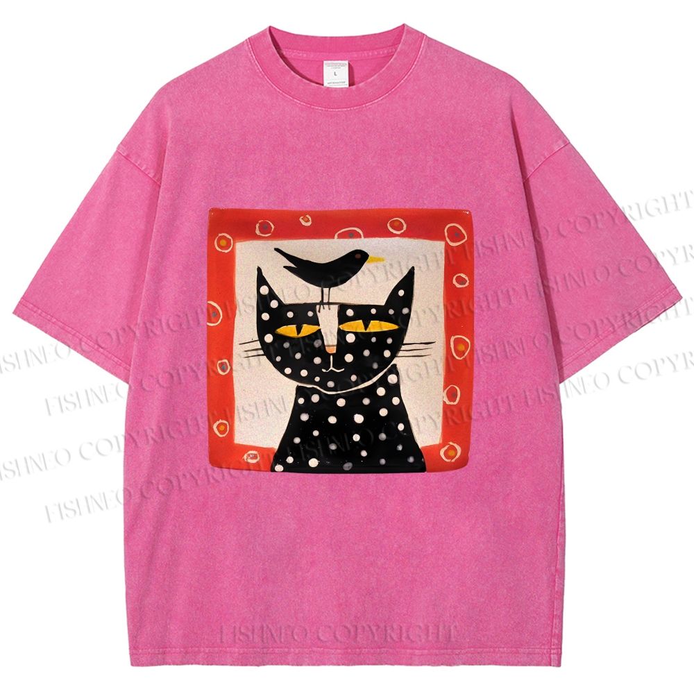 Unisex Black Cat With Black Bird Printed Washed Tee