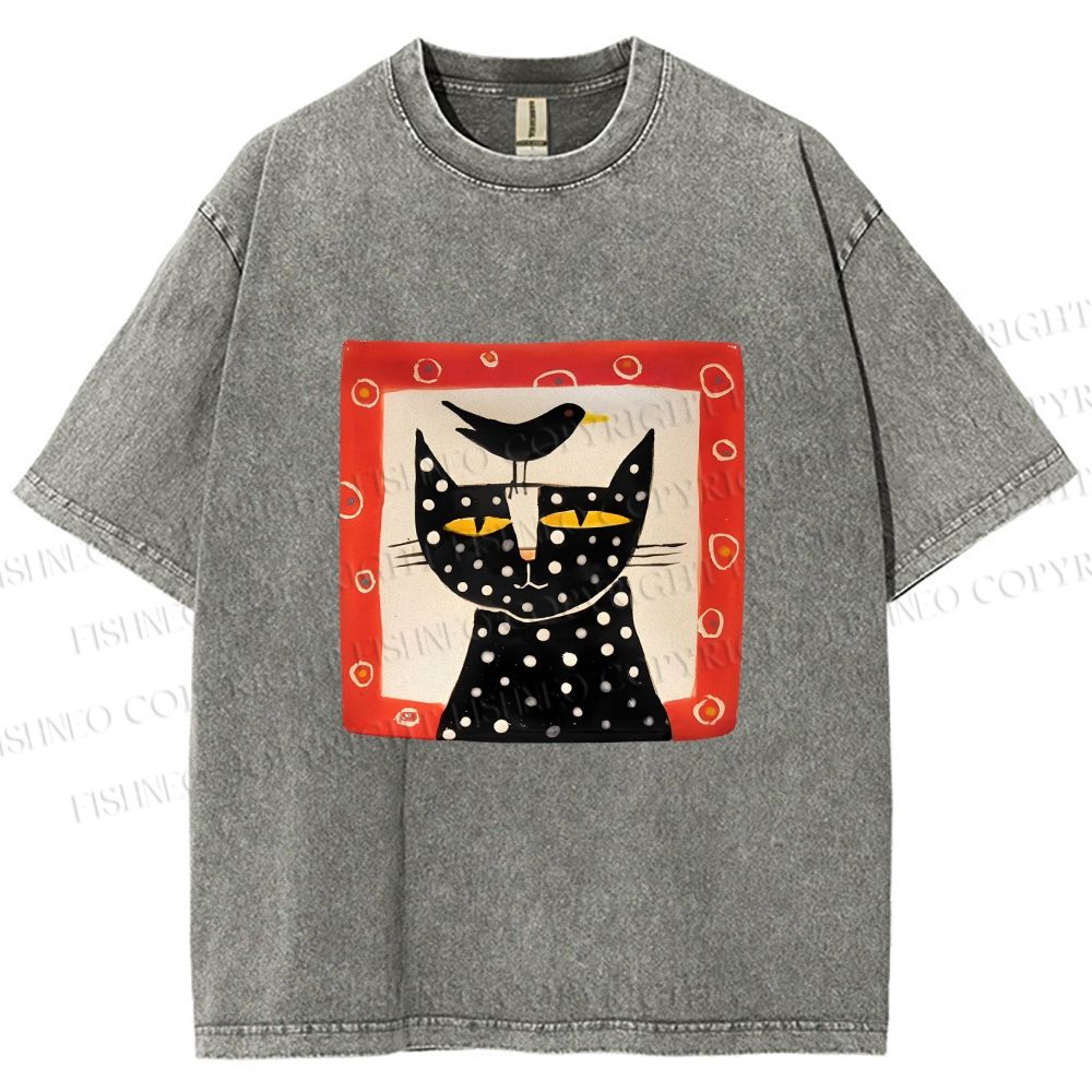 Unisex Black Cat With Black Bird Printed Washed Tee