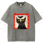 Unisex Black Cat With Black Bird Printed Washed Tee