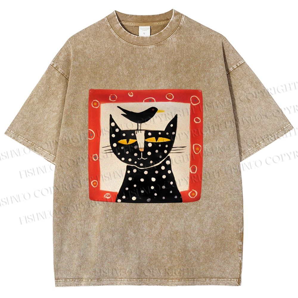 Unisex Black Cat With Black Bird Printed Washed Tee