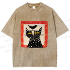 Unisex Black Cat With Black Bird Printed Washed Tee