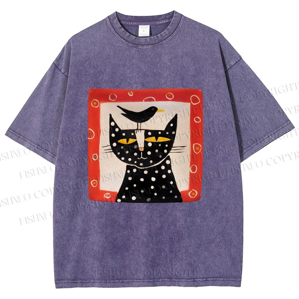 Unisex Black Cat With Black Bird Printed Washed Tee
