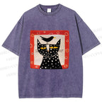 Unisex Black Cat With Black Bird Printed Washed Tee