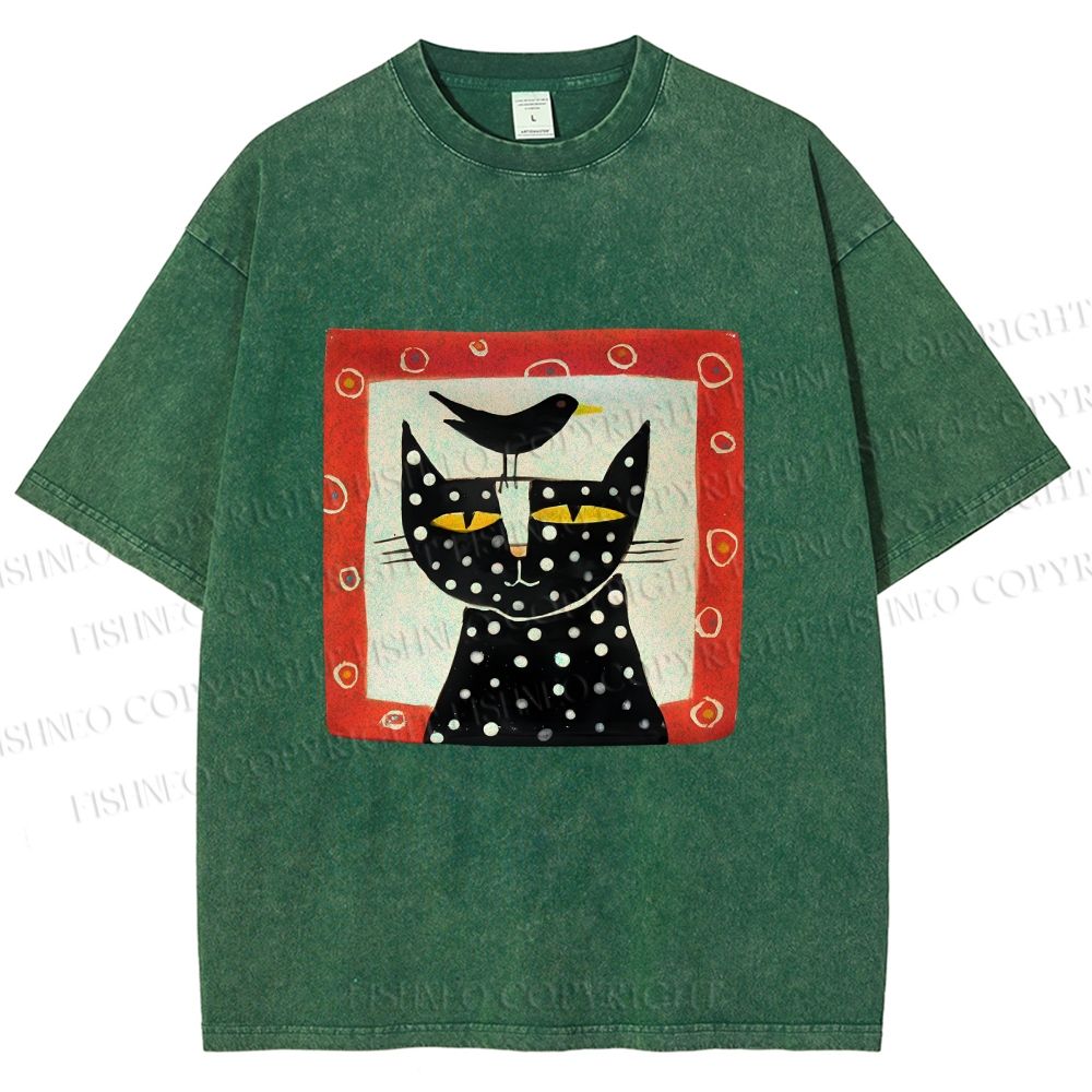 Unisex Black Cat With Black Bird Printed Washed Tee