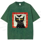 Unisex Black Cat With Black Bird Printed Washed Tee
