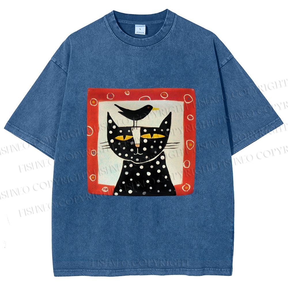 Unisex Black Cat With Black Bird Printed Washed Tee