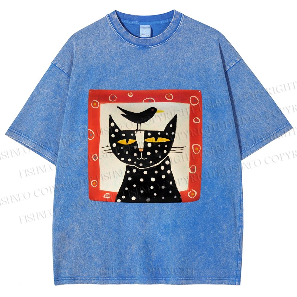 Unisex Black Cat With Black Bird Printed Washed Tee