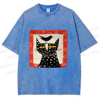 Unisex Black Cat With Black Bird Printed Washed Tee
