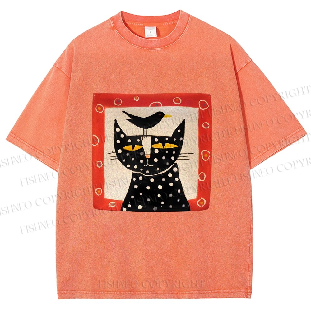 Unisex Black Cat With Black Bird Printed Washed Tee