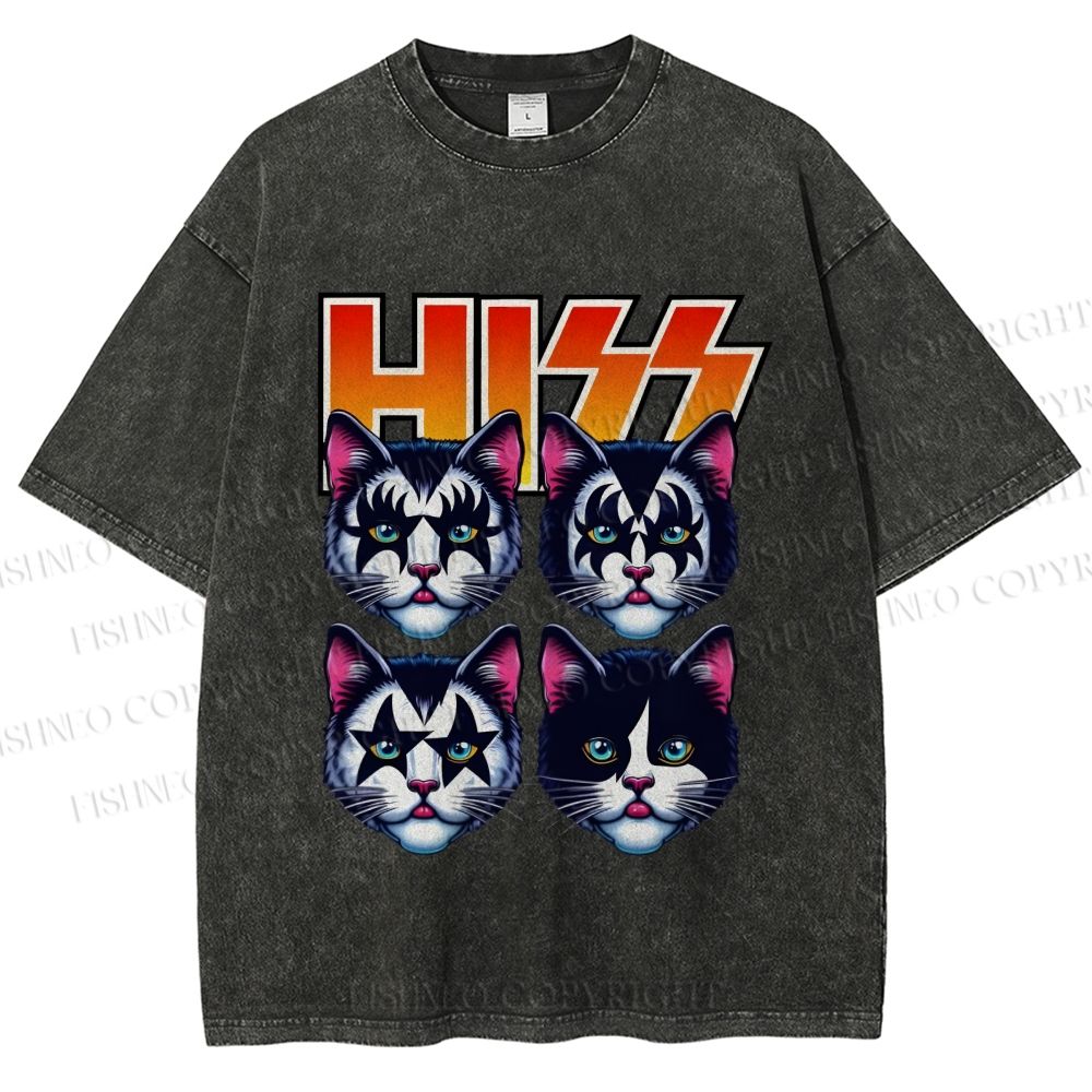 Unisex Hiss Sound From Punk Cat Band Printed Washed Tee