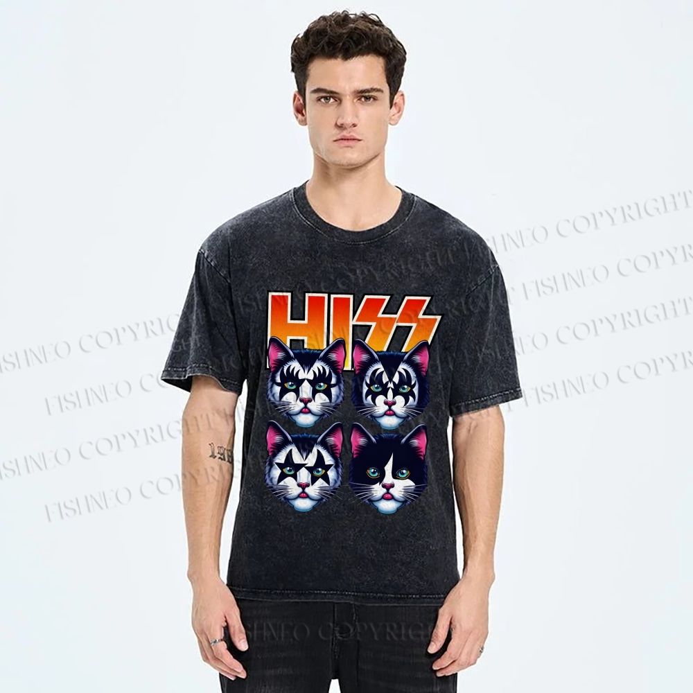 Unisex Hiss Sound From Punk Cat Band Printed Washed Tee