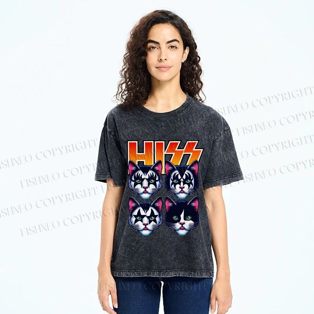 Unisex Hiss Sound From Punk Cat Band Printed Washed Tee