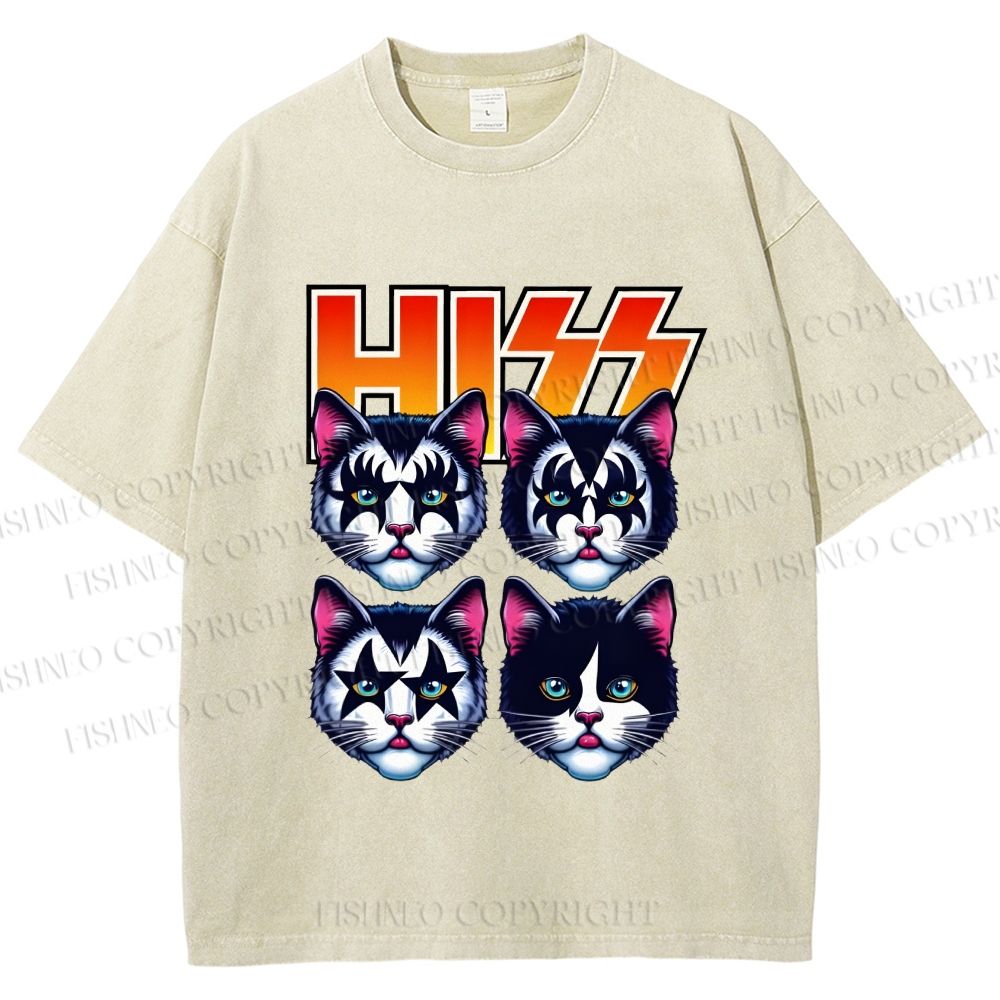 Unisex Hiss Sound From Punk Cat Band Printed Washed Tee