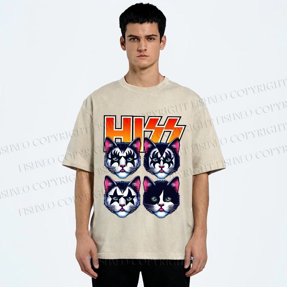 Unisex Hiss Sound From Punk Cat Band Printed Washed Tee