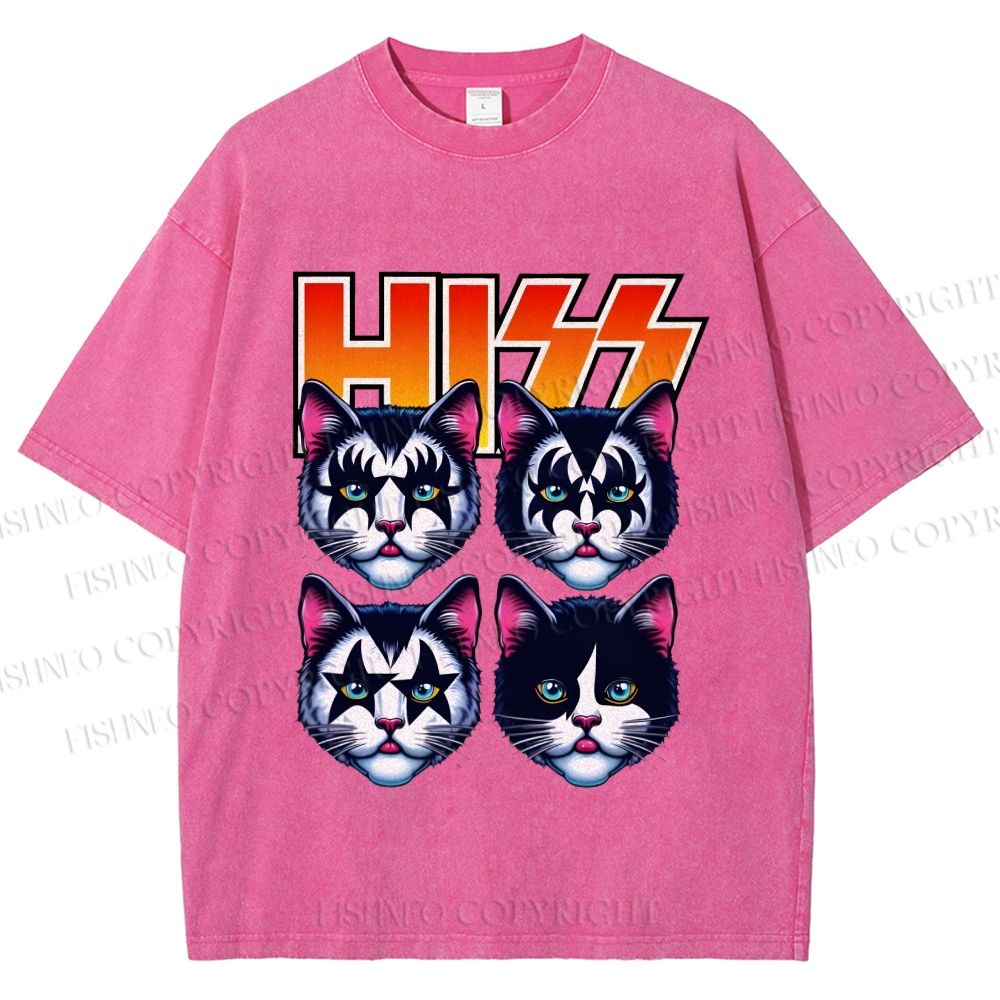 Unisex Hiss Sound From Punk Cat Band Printed Washed Tee