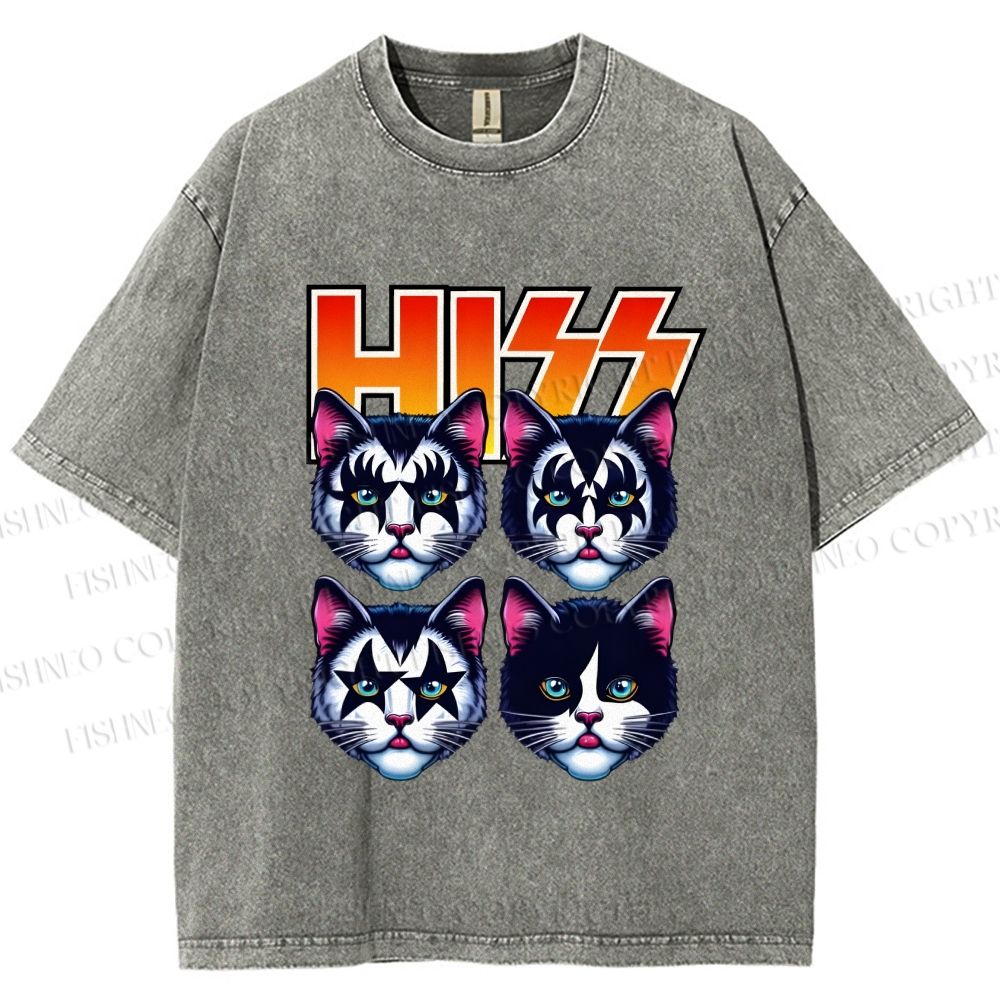 Unisex Hiss Sound From Punk Cat Band Printed Washed Tee
