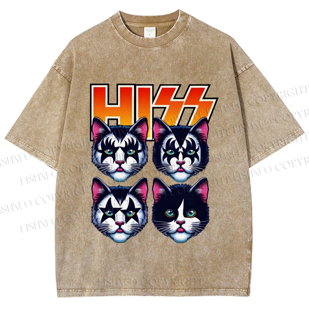 Unisex Hiss Sound From Punk Cat Band Printed Washed Tee