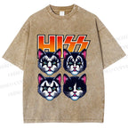Unisex Hiss Sound From Punk Cat Band Printed Washed Tee