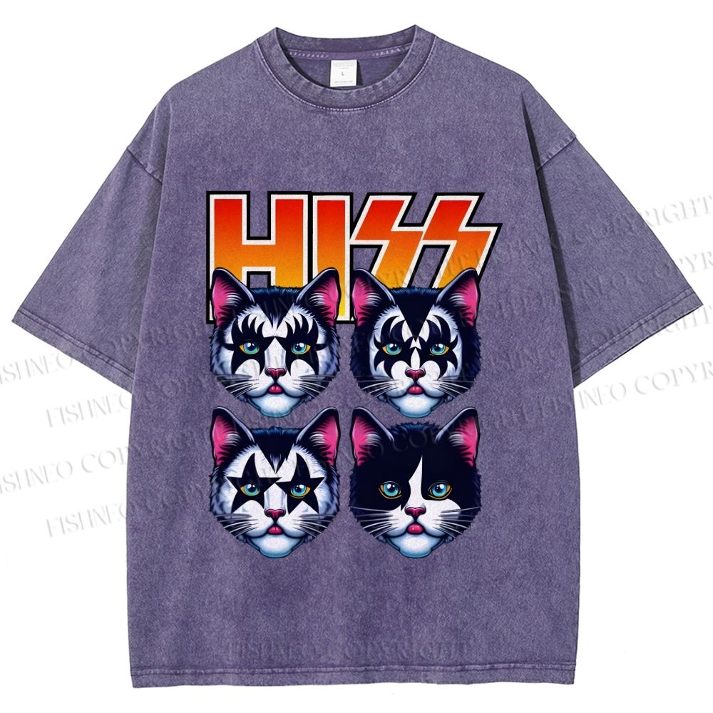 Unisex Hiss Sound From Punk Cat Band Printed Washed Tee
