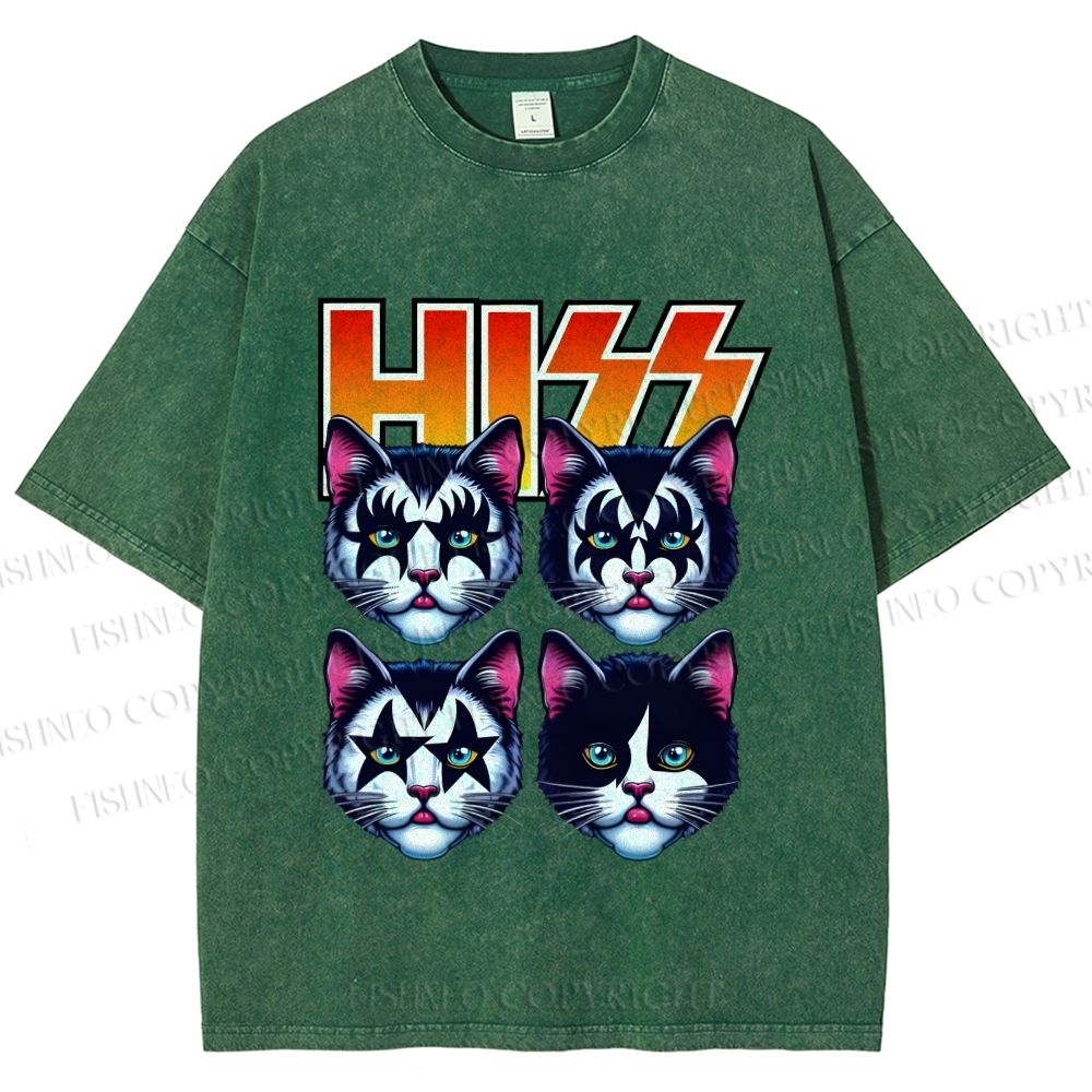 Unisex Hiss Sound From Punk Cat Band Printed Washed Tee