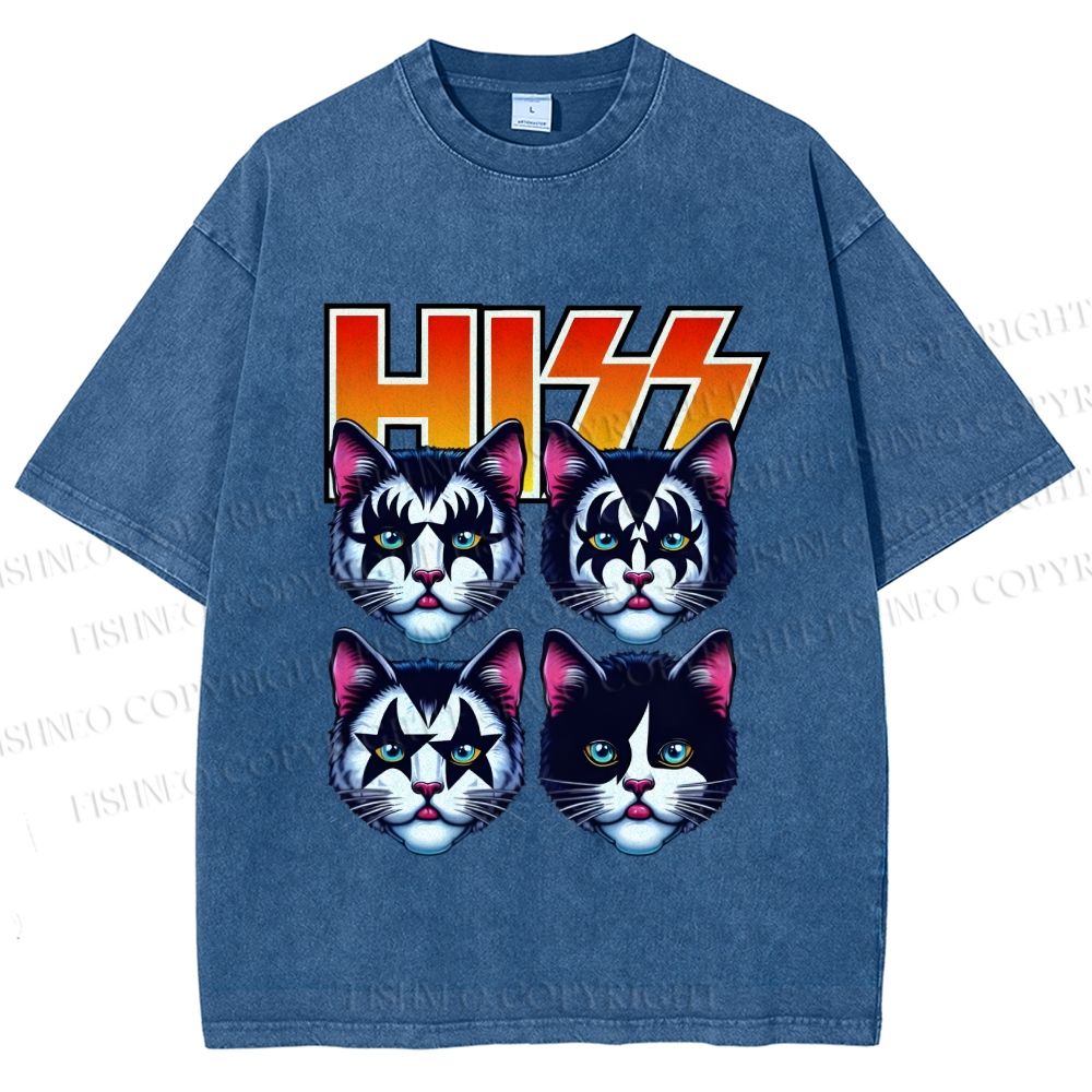 Unisex Hiss Sound From Punk Cat Band Printed Washed Tee