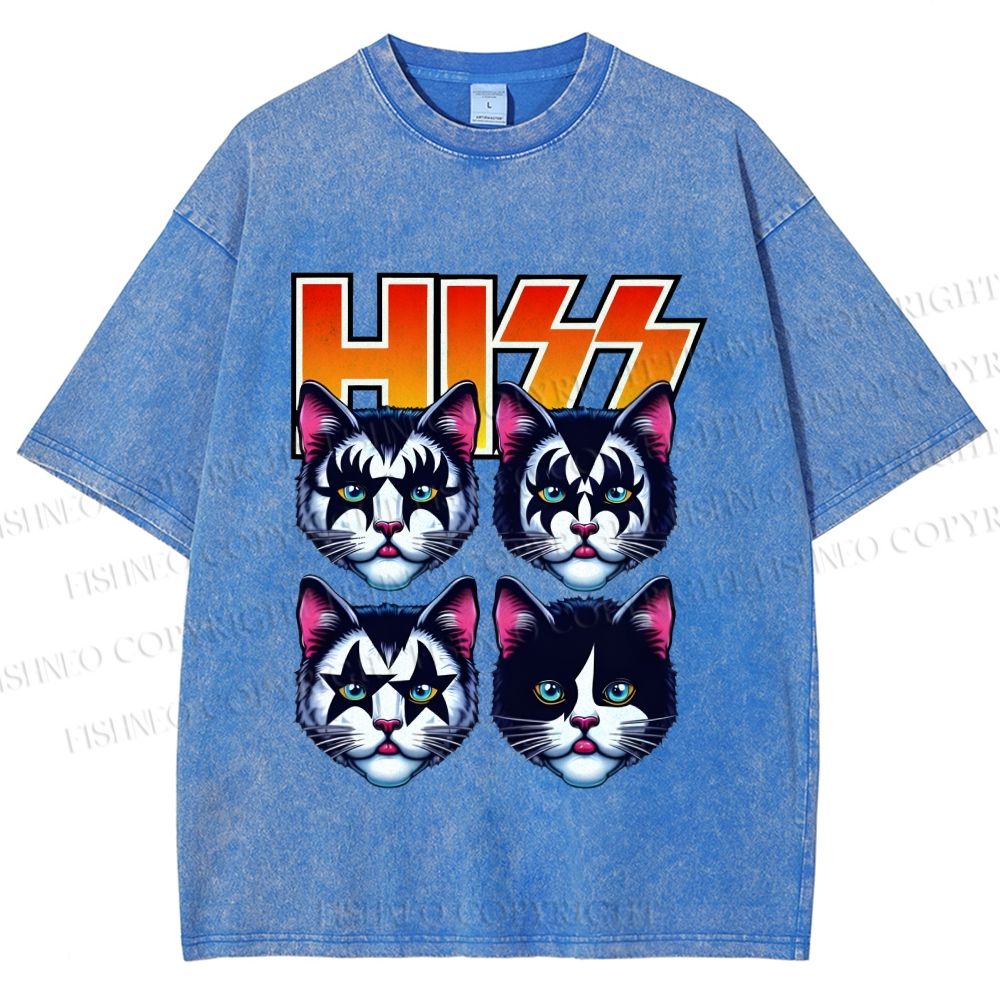 Unisex Hiss Sound From Punk Cat Band Printed Washed Tee