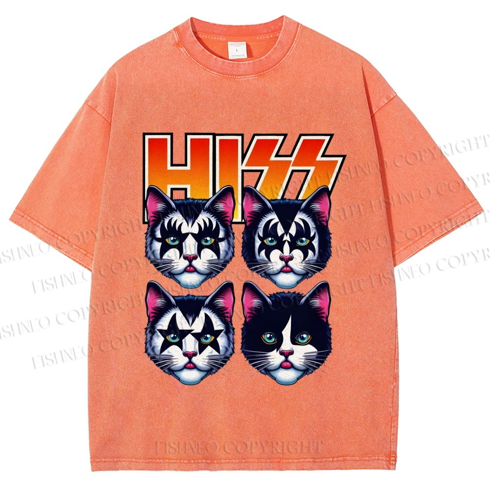 Unisex Hiss Sound From Punk Cat Band Printed Washed Tee