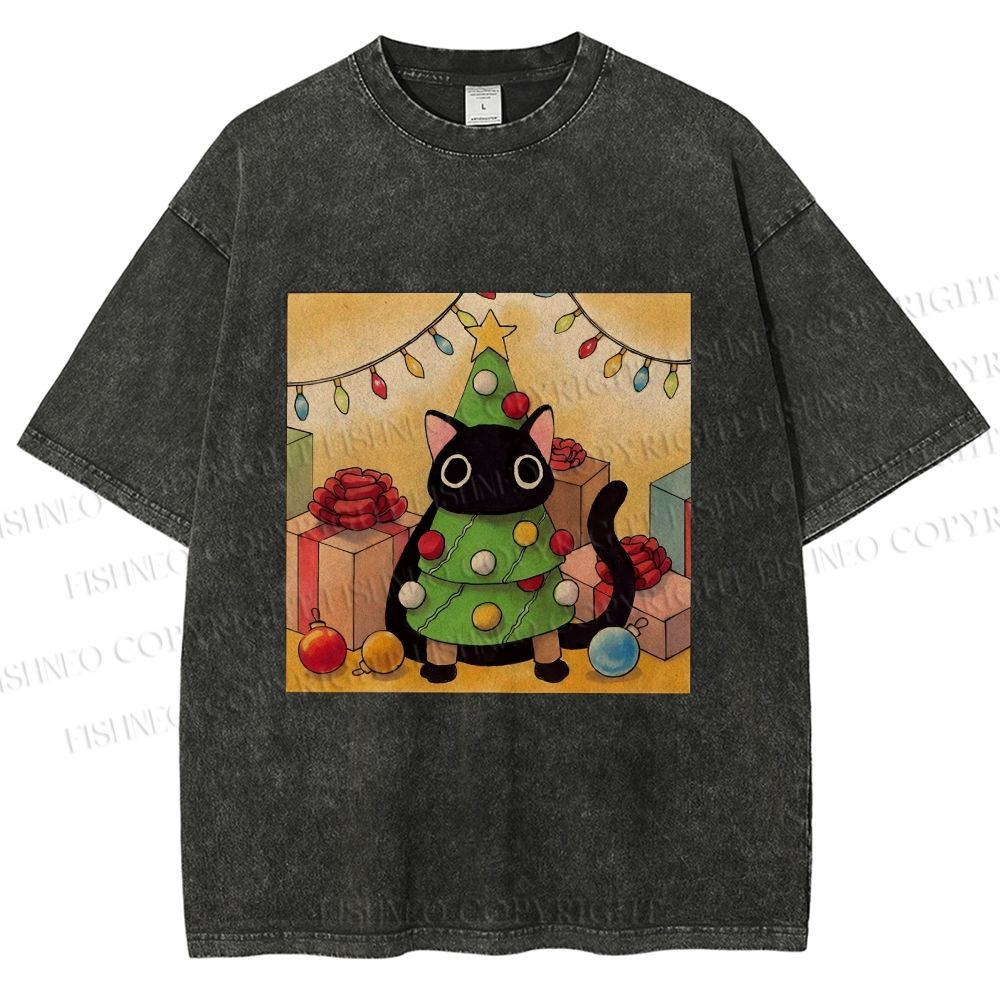 Unisex Silly Black Cat Hiding In Christmas Tree Printed Washed Tee