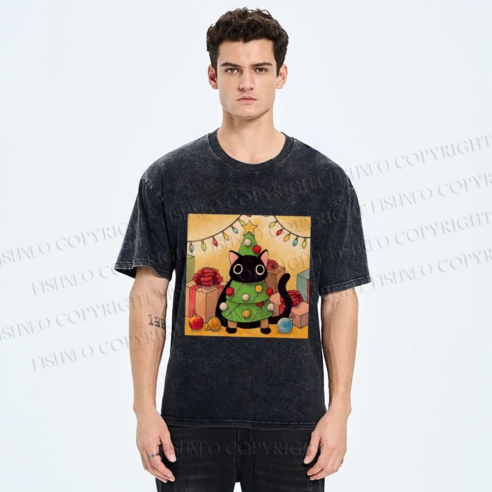 Unisex Silly Black Cat Hiding In Christmas Tree Printed Washed Tee
