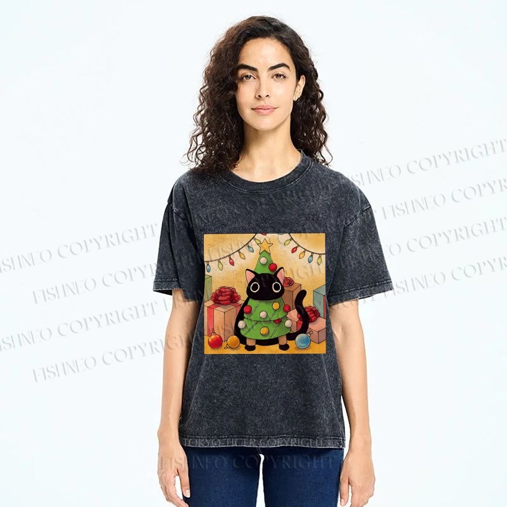 Unisex Silly Black Cat Hiding In Christmas Tree Printed Washed Tee