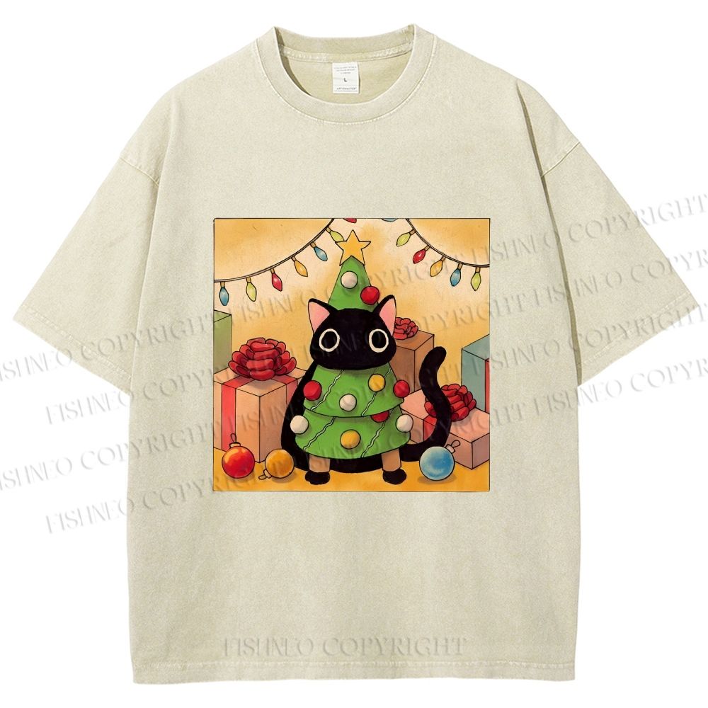 Unisex Silly Black Cat Hiding In Christmas Tree Printed Washed Tee