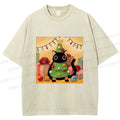 Unisex Silly Black Cat Hiding In Christmas Tree Printed Washed Tee