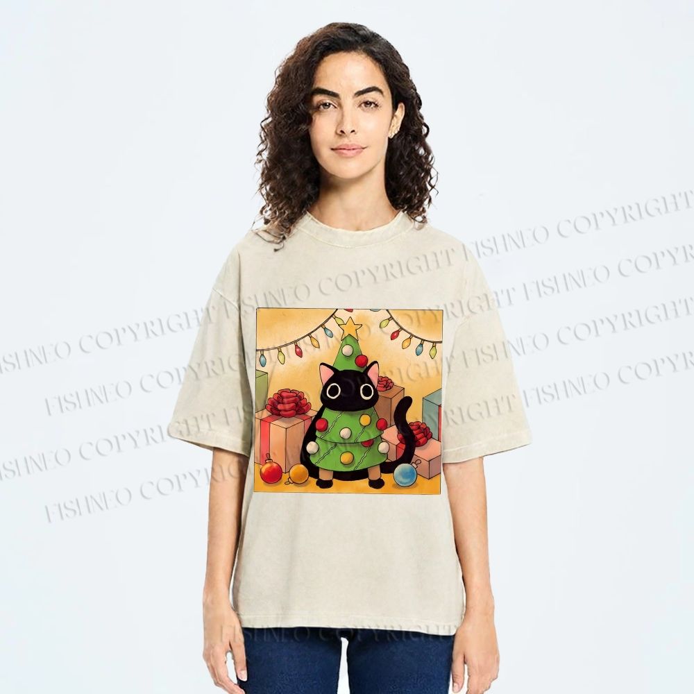 Unisex Silly Black Cat Hiding In Christmas Tree Printed Washed Tee