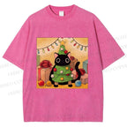 Unisex Silly Black Cat Hiding In Christmas Tree Printed Washed Tee