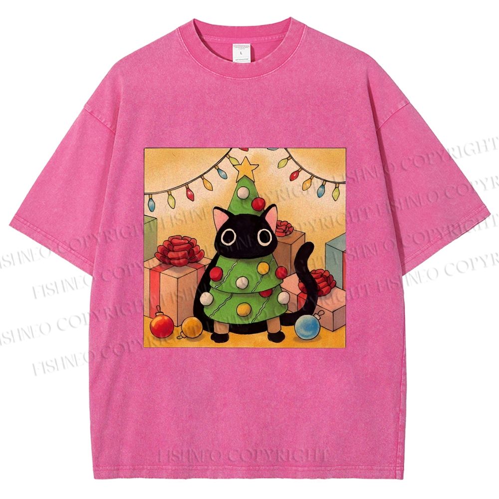 Unisex Silly Black Cat Hiding In Christmas Tree Printed Washed Tee