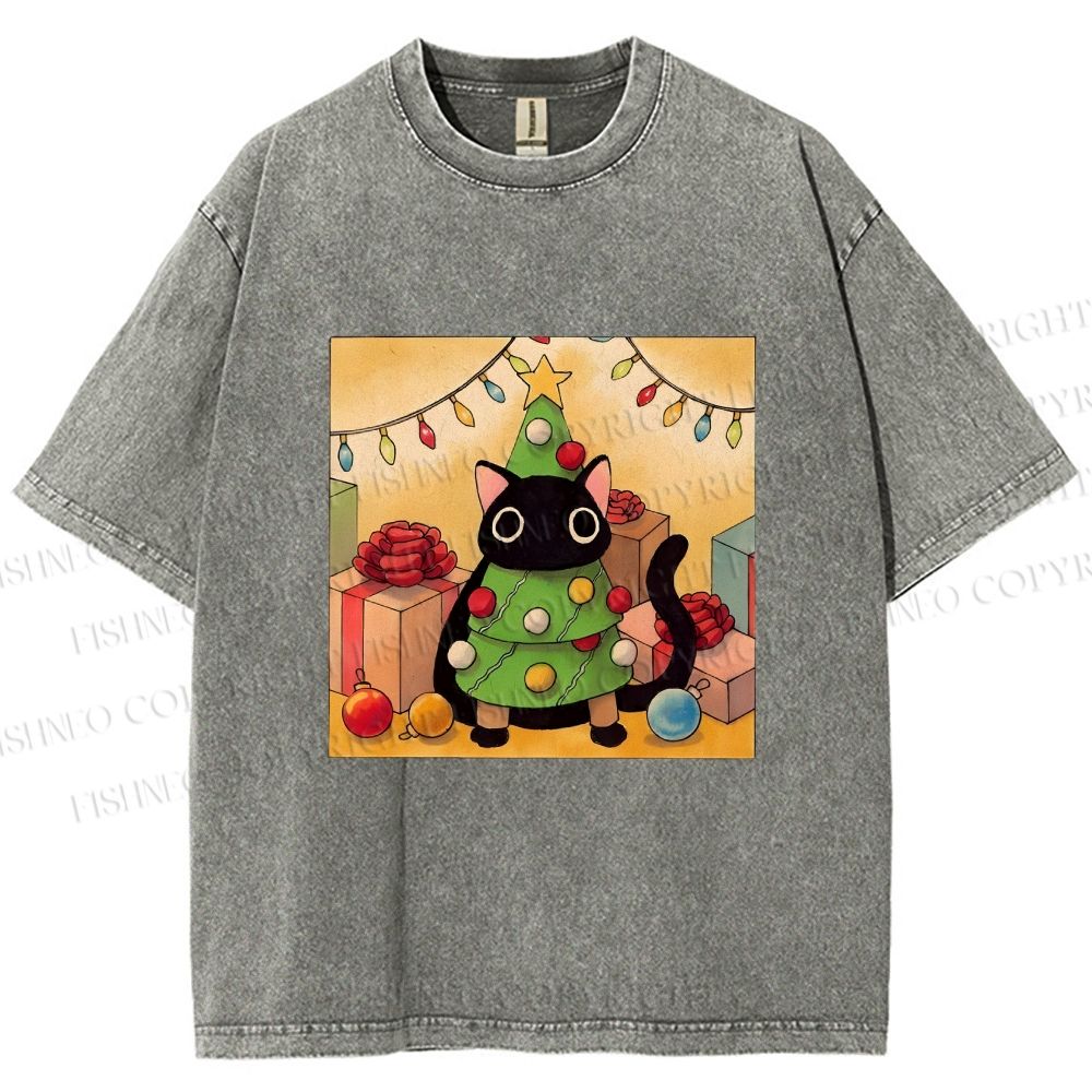 Unisex Silly Black Cat Hiding In Christmas Tree Printed Washed Tee