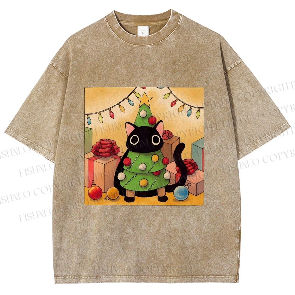 Unisex Silly Black Cat Hiding In Christmas Tree Printed Washed Tee