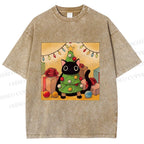 Unisex Silly Black Cat Hiding In Christmas Tree Printed Washed Tee