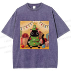Unisex Silly Black Cat Hiding In Christmas Tree Printed Washed Tee