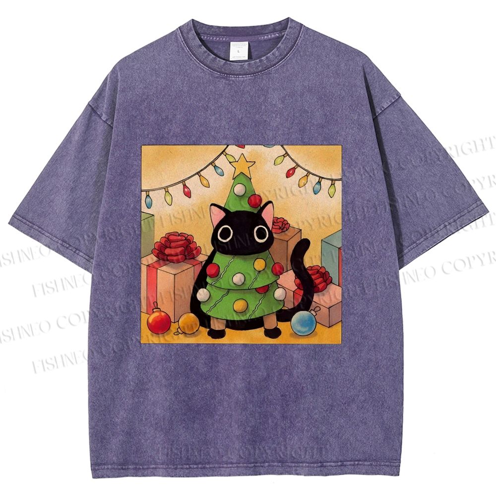 Unisex Silly Black Cat Hiding In Christmas Tree Printed Washed Tee