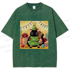 Unisex Silly Black Cat Hiding In Christmas Tree Printed Washed Tee
