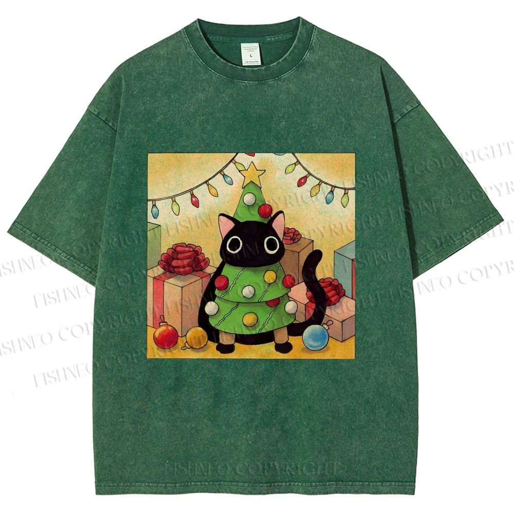 Unisex Silly Black Cat Hiding In Christmas Tree Printed Washed Tee