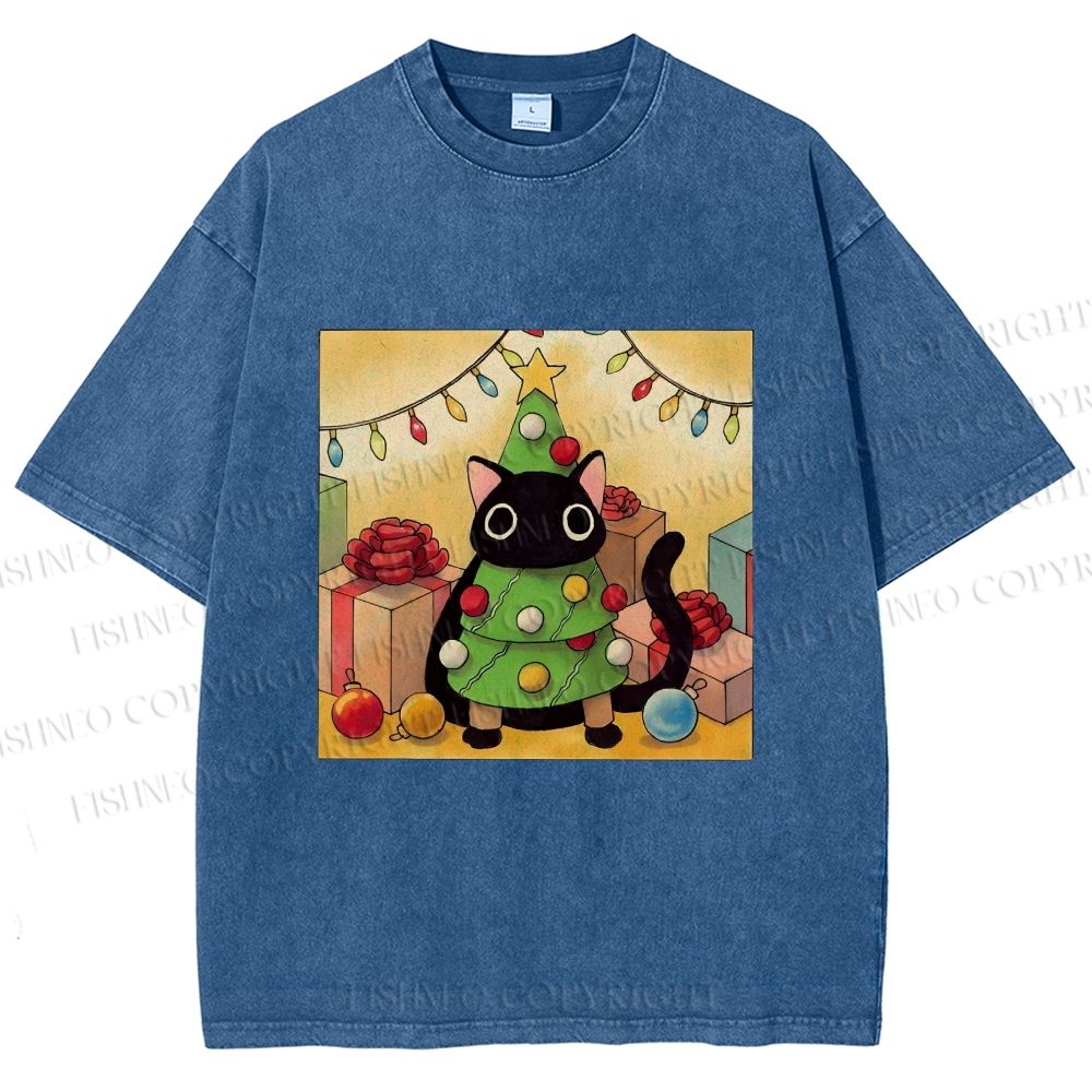 Unisex Silly Black Cat Hiding In Christmas Tree Printed Washed Tee