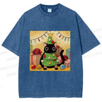 Unisex Silly Black Cat Hiding In Christmas Tree Printed Washed Tee