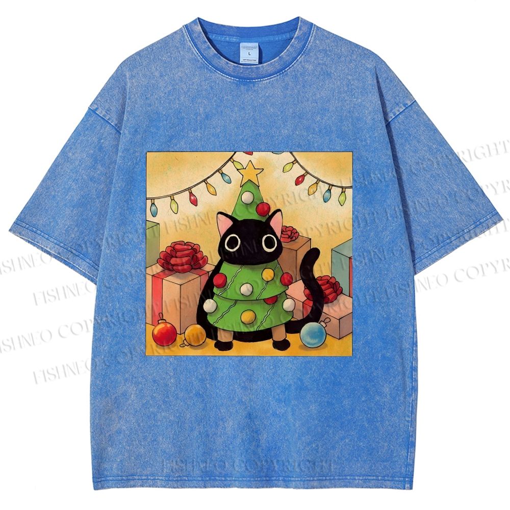 Unisex Silly Black Cat Hiding In Christmas Tree Printed Washed Tee
