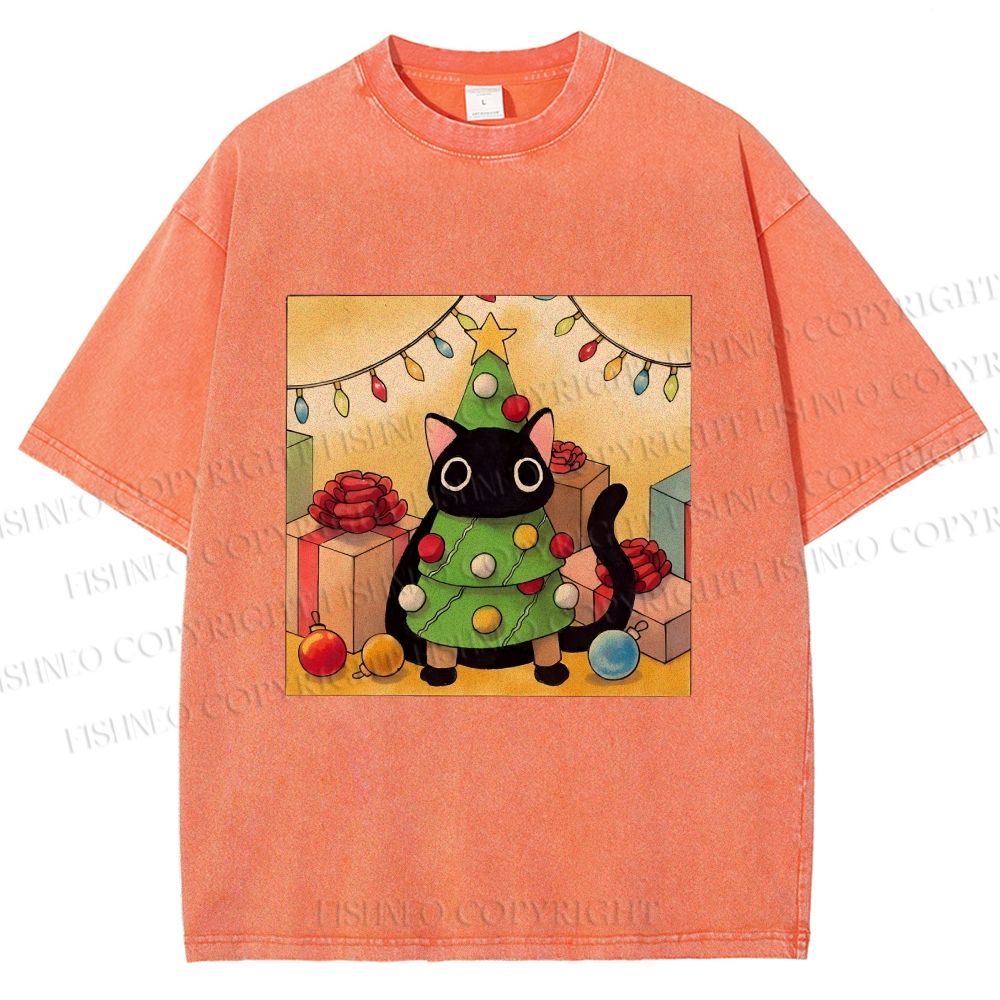 Unisex Silly Black Cat Hiding In Christmas Tree Printed Washed Tee