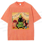 Unisex Silly Black Cat Hiding In Christmas Tree Printed Washed Tee